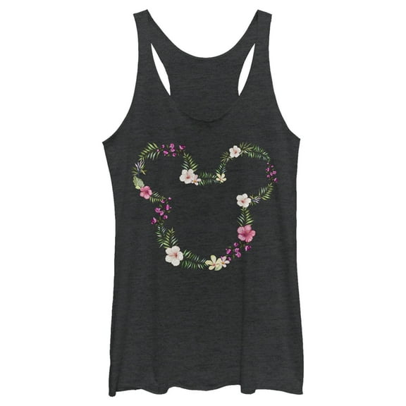 Women's Mickey & Friends Floral Logo Racerback Tank Top Black Heather 2X Large