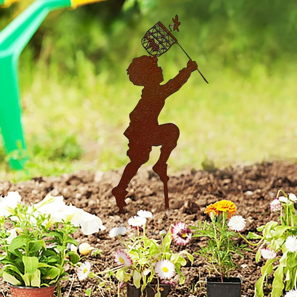 Iron Children Figurine Garden Yard Ground Sculpture Statues Garden Stake