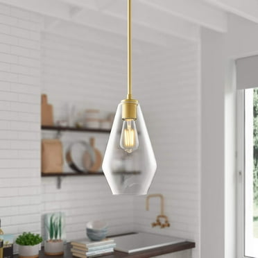 Modern Glass Farmhouse Pendant Lighting for Kitchen Island and Over Sink Lighting Fixtures Gold Pendant Light Hanging Ceiling Light Long Clear Glass Shade, UL Listed