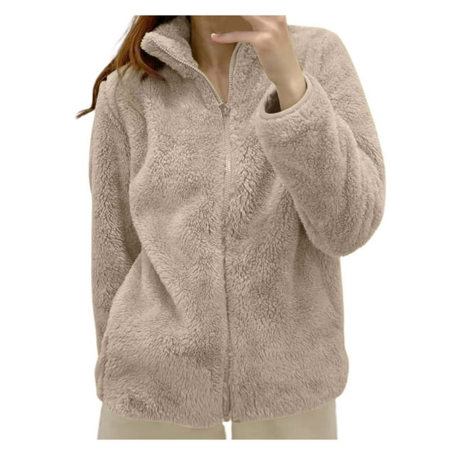 Women's Solid Color Fleece Jacket - Collar Zip - Up, Soft, Warm, Insulating - Stand - Up Collar, Zippered Front, for Chilly Days - Durable, Versatile Style