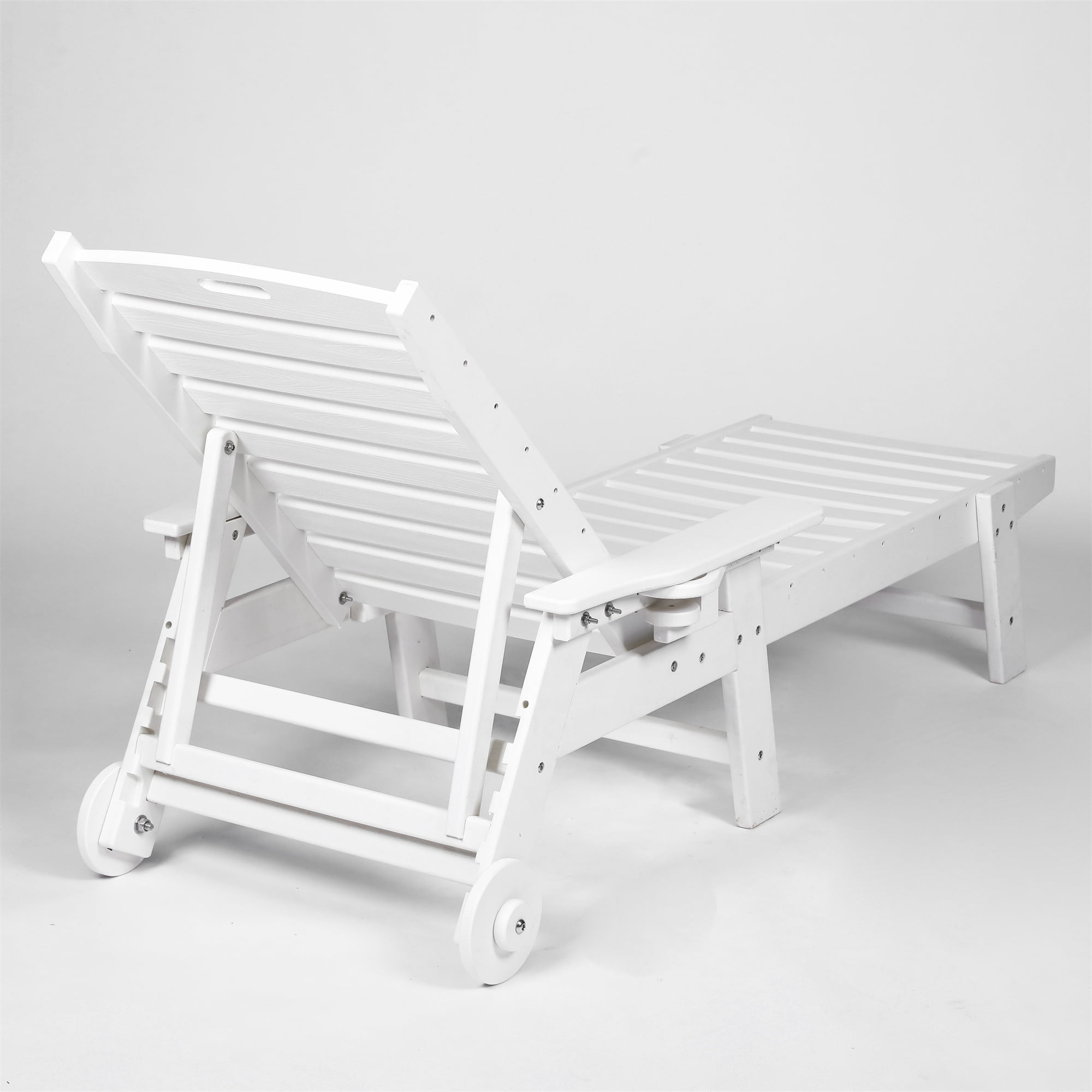 Aukfa 75" HDPE Outdoor Patio Chaise Lounge Chair with Cup Holder&Wheels, Adjustable Backrest, White