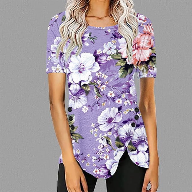 Fiudx Ofertas Flash Del Día Blusa Casual de Manga Corta con Estampado de Botones y Cuello Redondo para Mujer