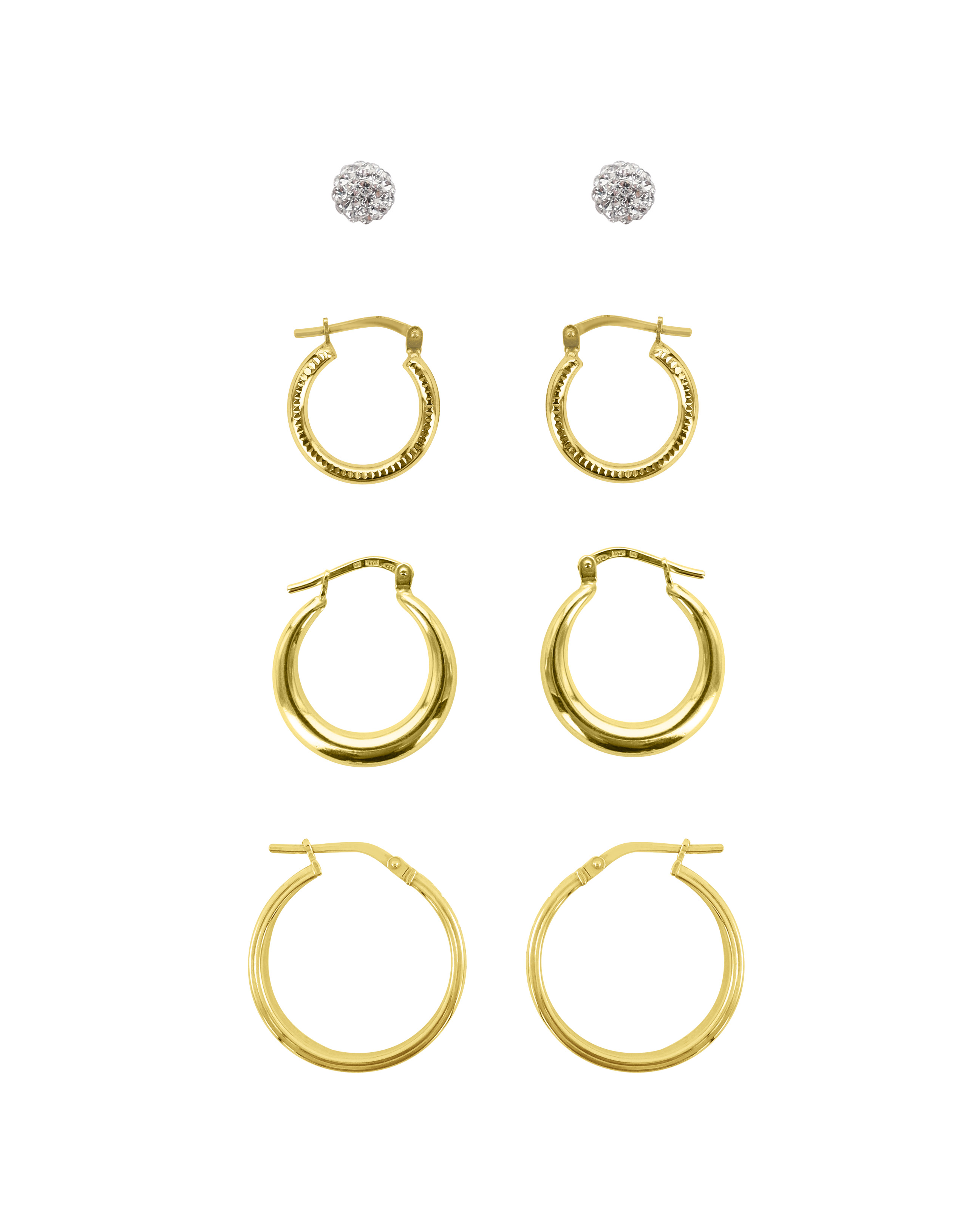 Brilliance Fine Jewelry Sterling Silver 14K Gold Plated Crystal Studs and Hoops Adults Earring Set; Adults 4 Pairs