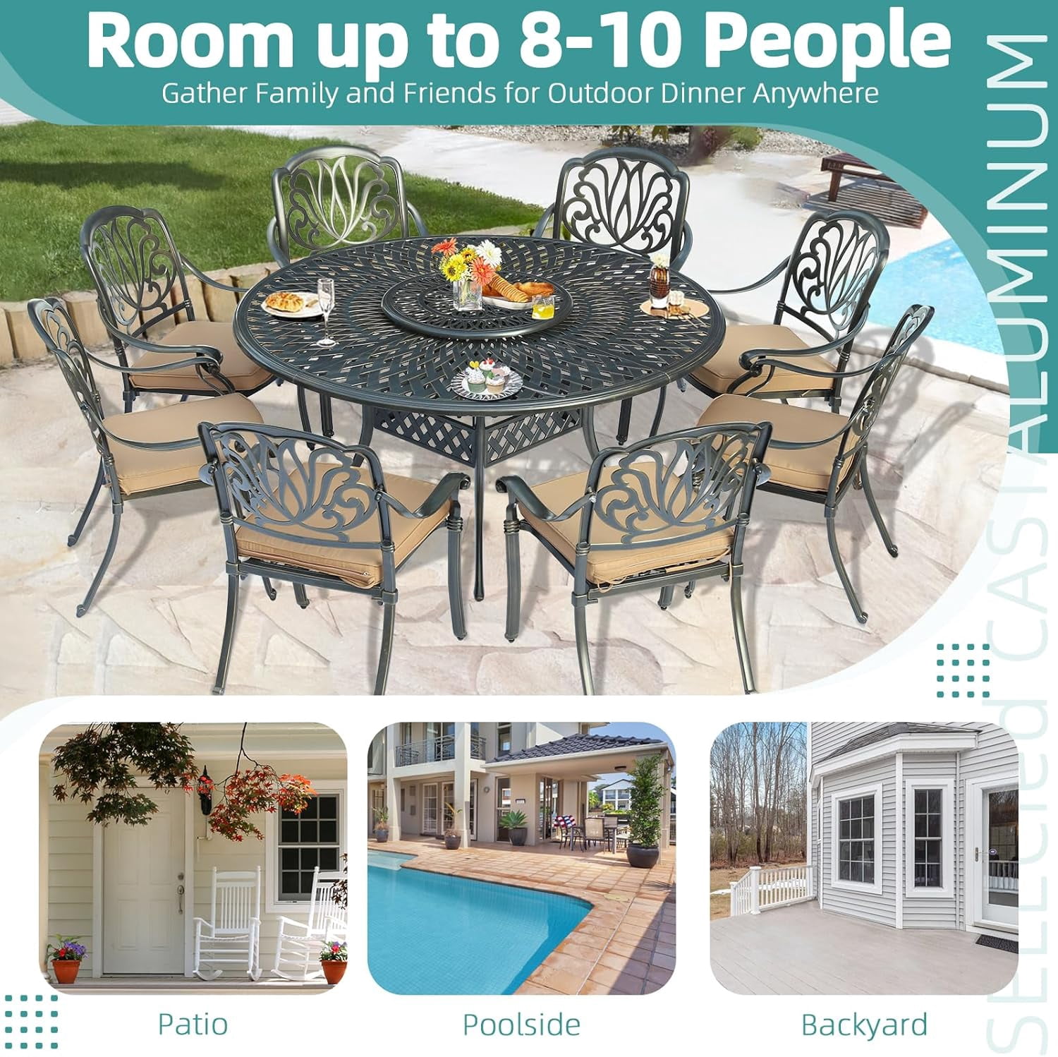 MEETWARM Outdoor 61" Round Patio Dining Table with Detachable Lazy Susan, All Weather Cast Aluminum Large Patio Furniture Table Set for 8 Seat with 24" Rotating Tray, Umbrella Hole, Dark Bronze