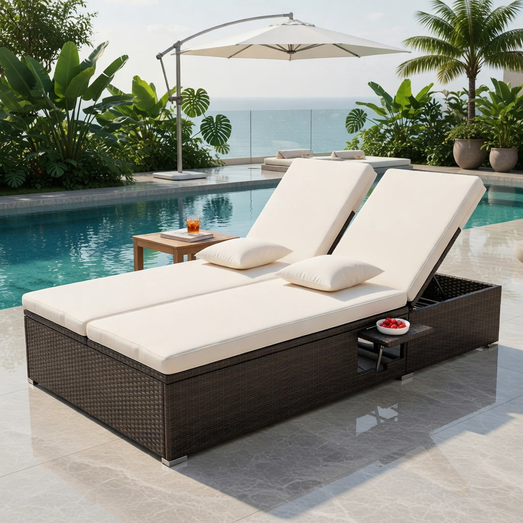 Hommoo Double Chaise Lounge with Adjustable Backrest, PE Rattan Outdoor Patio Lounger for Backyard, Poolside & Deck, Brown