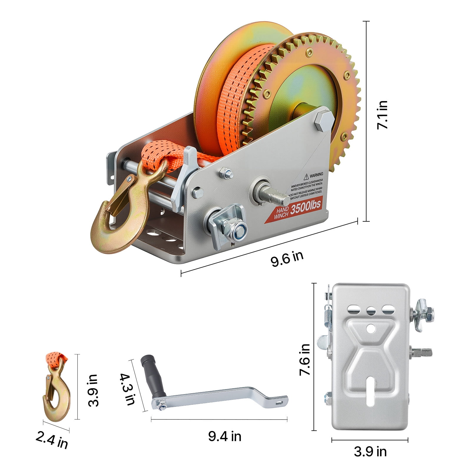 KFFKFF 3500 lbs Manual Boat Winch with 20ft Orange Polyester Strap, Two-Way Ratchet, Dual-Speed Option, and Anti-Slip Handle for Towing Boats, Trailers, and ATVs