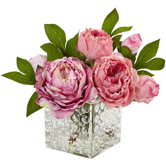 Nearly Natural Artificial Peony in Glass Vase
