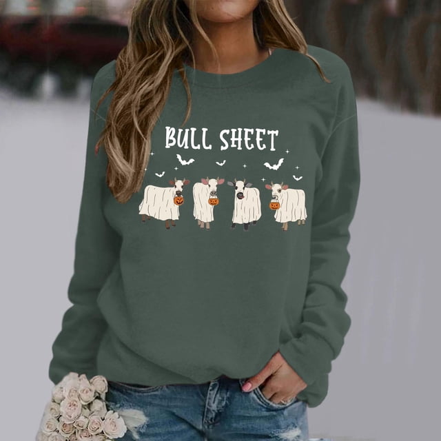 Chandail en Molleton Bull Sheet pour Femmes Oversize Chandail à Capuchon Halloween Chandails en Molleton Col Rond Manches Longues Chandail Top