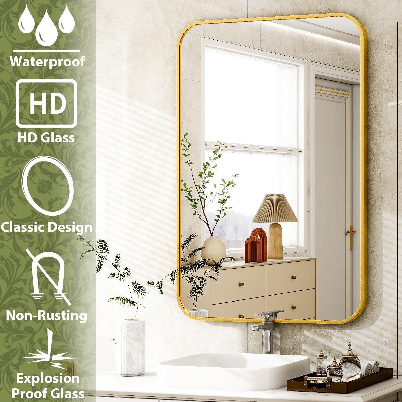 Lumora Bathroom Mirror, 38"x 26.2" Inch Metal Framed Rectangle Mirror, Wall Mounted Vanity Mirror Gold