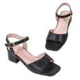 thumbnail image 3 of Qopobobo Girl Heels Girls High Heels Girls Sandals Ankle Strap Square Toe Low Heel Bow Flower Dress Shoes Black,4, 3 of 7