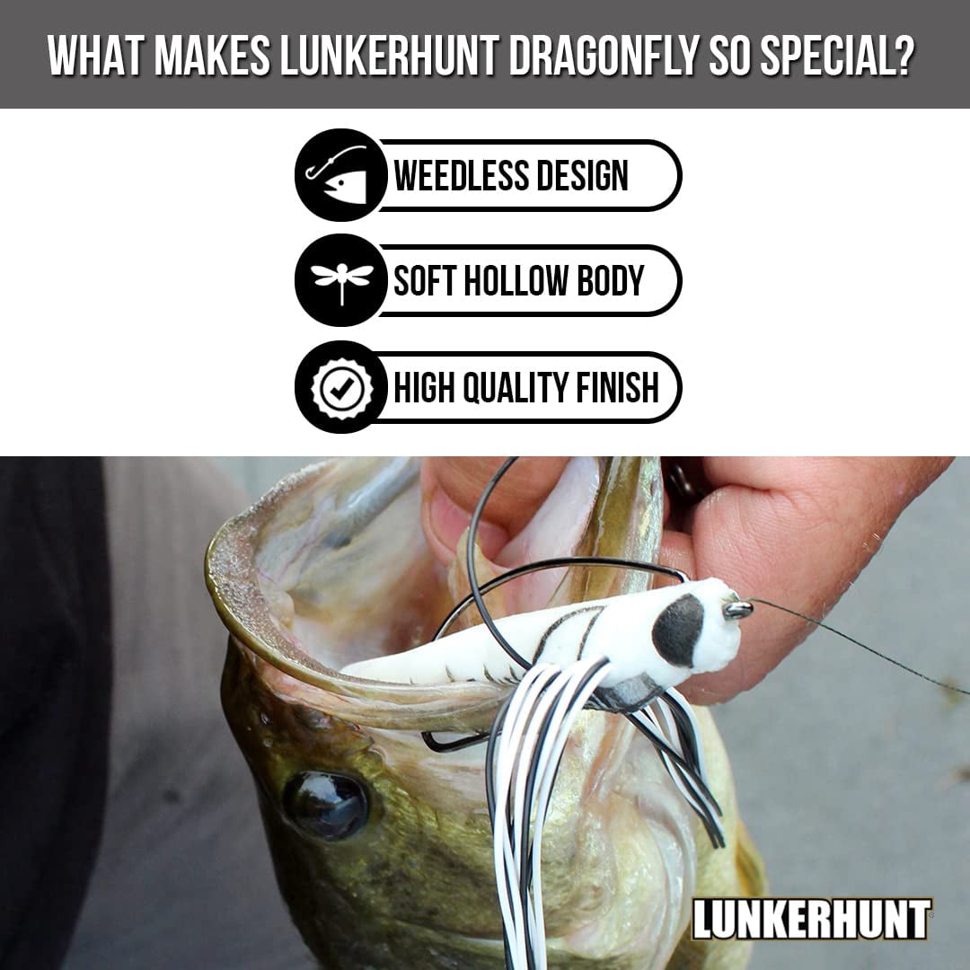 (2 pack) Lunkerhunt Dragonfly Fishing Lures | Most Realistic Weedless Bass Fishing Lure | Great Top Water Bass Fishing Lure with Double Skirted Wings | Perfect for Bass, Trouth and Pike, Weedless Bait