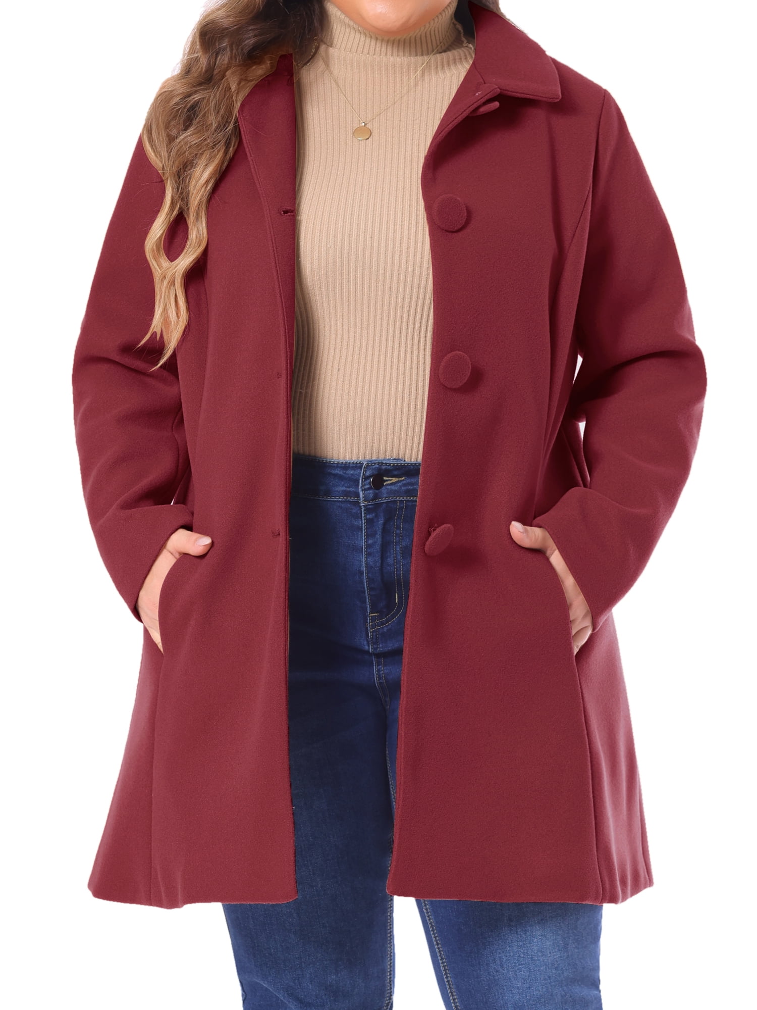 DARING DIVA Women's Plus Size Button Down Single Breasted Peacoat Long Coat 4X Burgundy