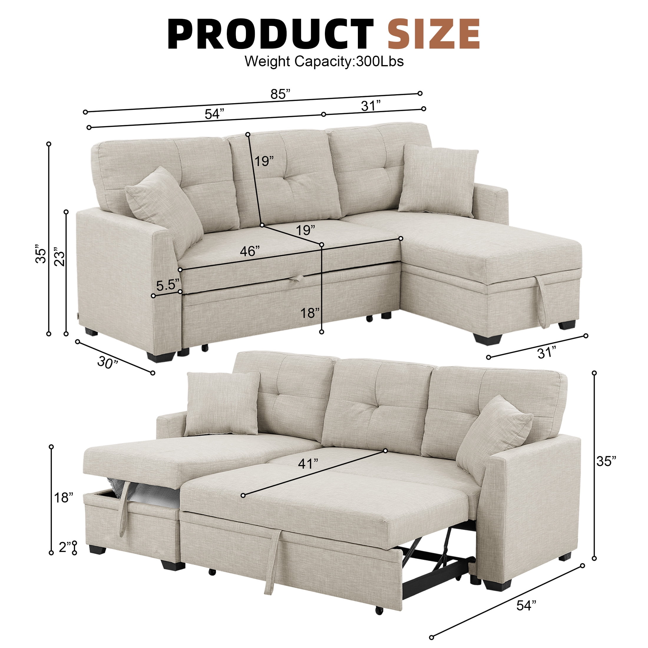 Aukfa Pull-Out Sleeper Sofa Bed with Storage Chaise, Reversible Loveseat for Living Room, Linen, Beige