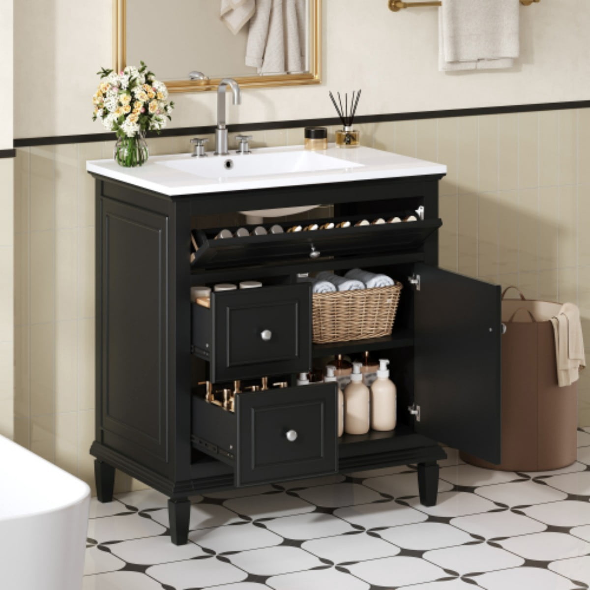 30" Bathroom Vanity with Sink, Modern Bathroom Cabinet with Ceramic Vanity Sink, Solid Wood & MDF Storage Cabinet with Flip Drawer, Adjustable Shelf, Black