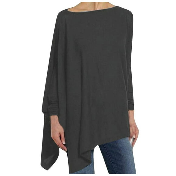 Women Casual Plus Size Round Neck Solid Long Sleeve Irregular Sweatshirt Loose Print Pullover Tops Blouse