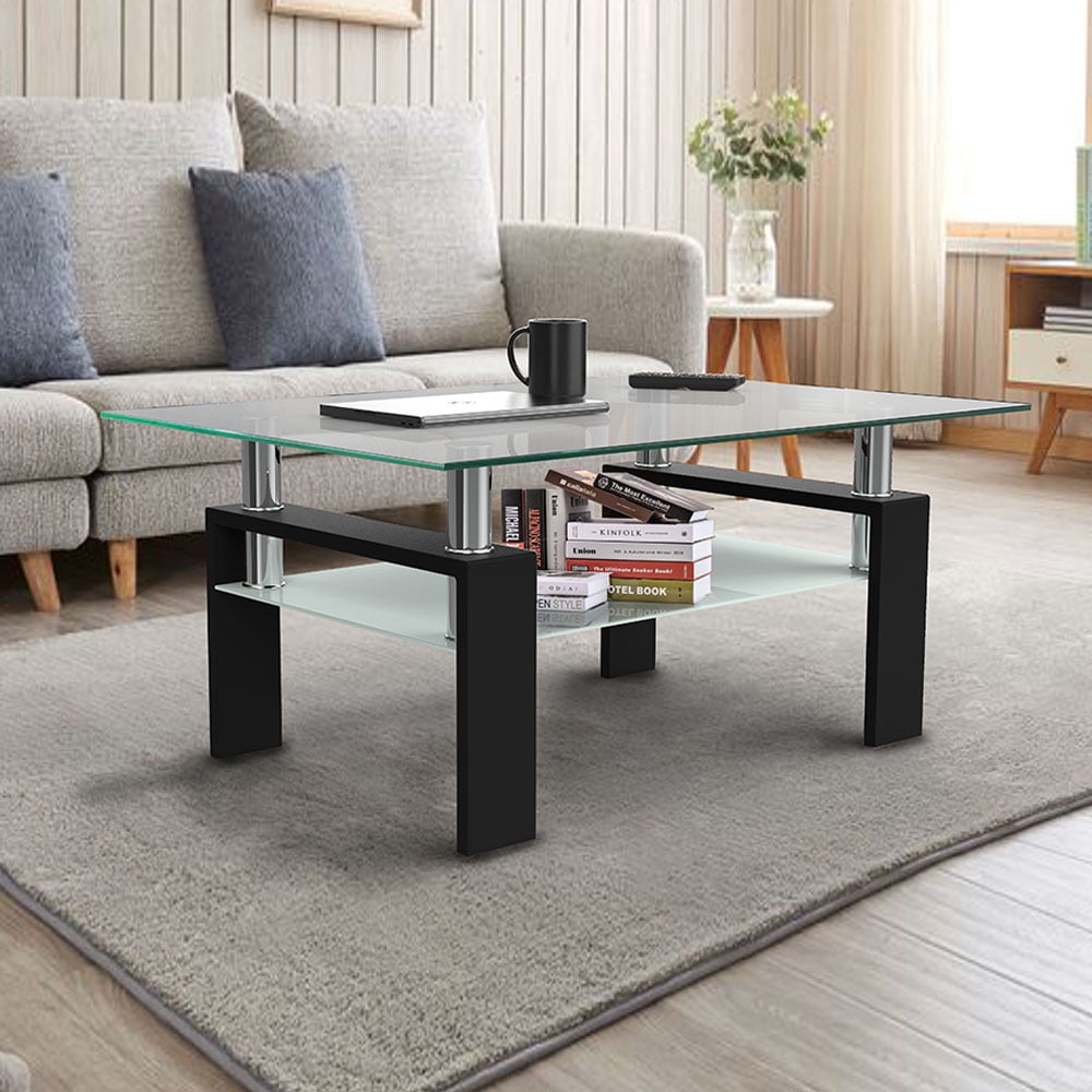 Rectangle Glass Coffee Table for Home, Modern Side Coffee Table with Lower Shelf, Metal Legs