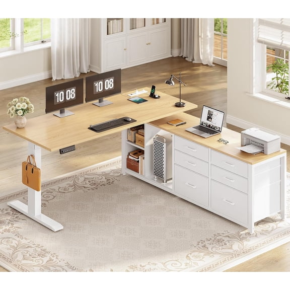 SEDETA L Shaped Electric Standing Desk, 55" x 55" Height Adjustable Office Executive Desk with 6 Fabric Drawers and Storage Shelves, Sit Stand Computer Desk with Power Outlet for Home Office (Oak)