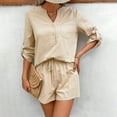thumbnail image 5 of Riforla Women Summer Solid Color Long Sleeve Shorts Conditioning Fashion Casual Home Service Two Piece Set Matching Sets Women Clothing Beige L, 5 of 7