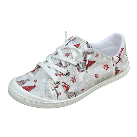 

GNEIKDEING Ladies Exquisite Christmas Print Lace Up Round Head Comfort Flat Casual Shoes Gift on Clearance