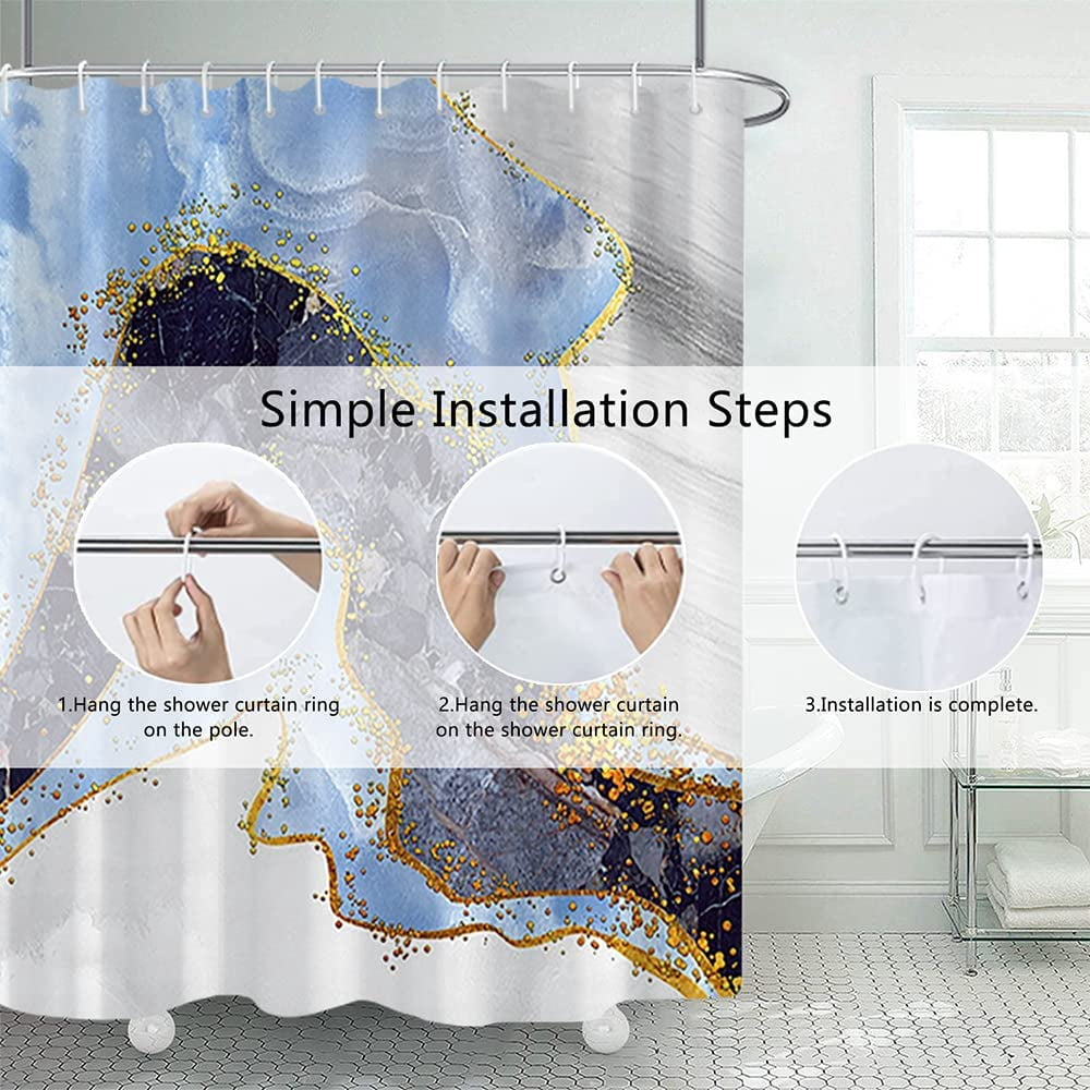 Marble Bathroom Shower Curtain Blue Black Gold Waterproof Fabric Shower Curtains with Hooks Watercolor Abstract Shower Curtains Cloth for Home Bath Decor 72x72 inches