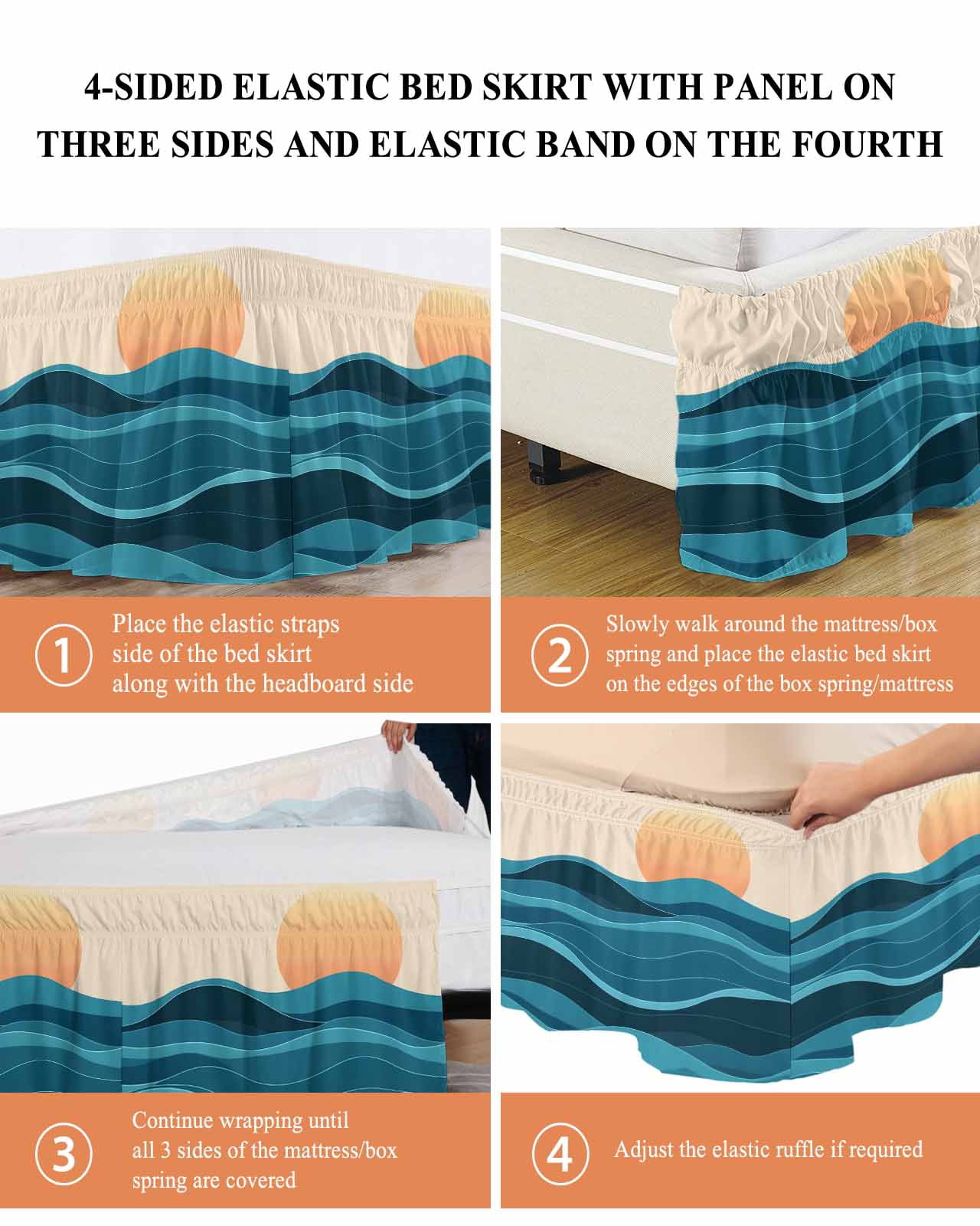 Teal Waves Wrap Around Bed Skirts for Queen Bed 18" Drop, Bed Skirt with Adjustable Elastic Belt Dust Ruffle Bed Valance for Bedroom Hotel Luxury Watercolor Sun Turquoise Ombre Bed Frame Cover