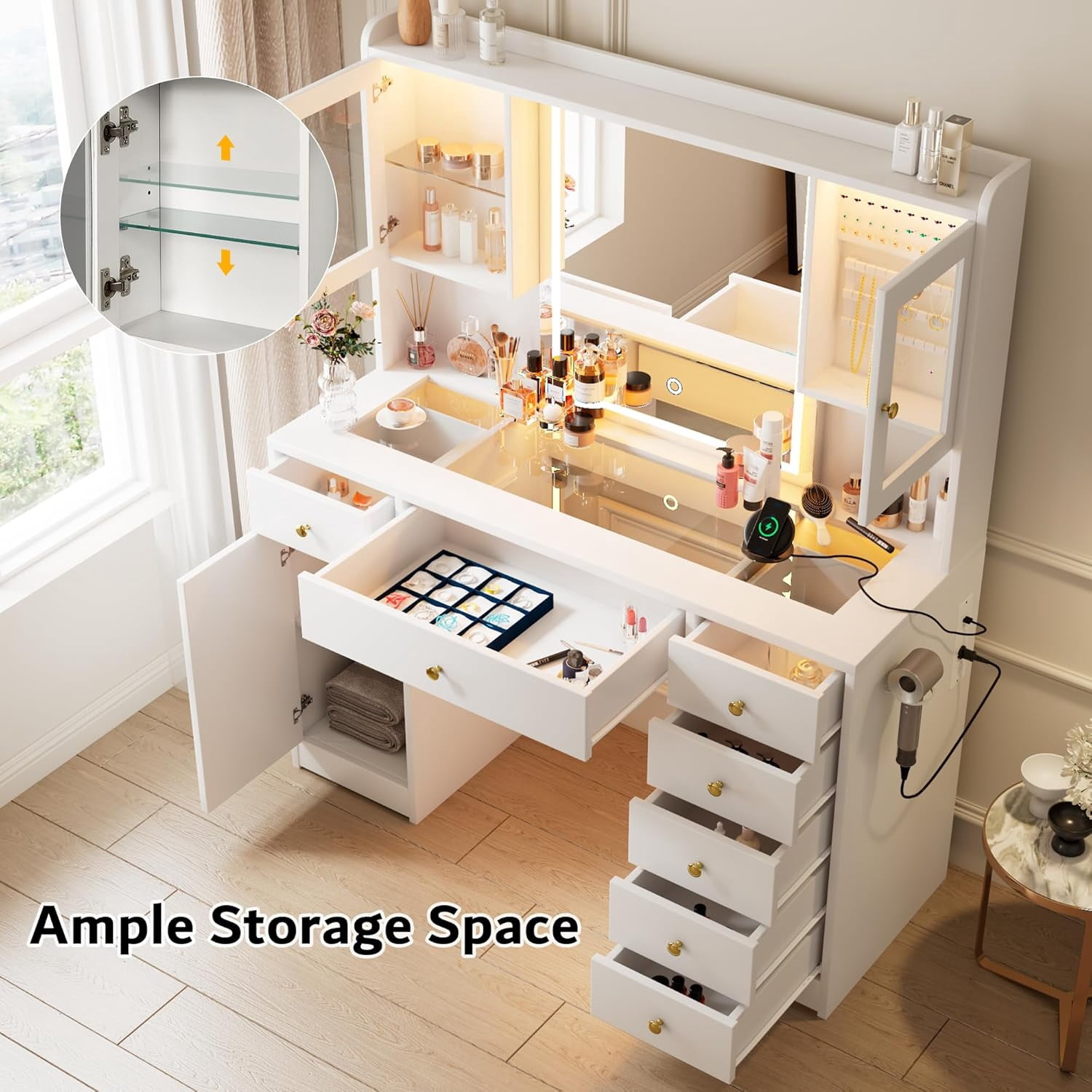 Laisnet White Makeup Vanity Desk with Mirror, RGB Lights & Power Outlet, Dressing Table with Glass Top & Jewelry Storage, 7 Drawers & 3 Cabinets