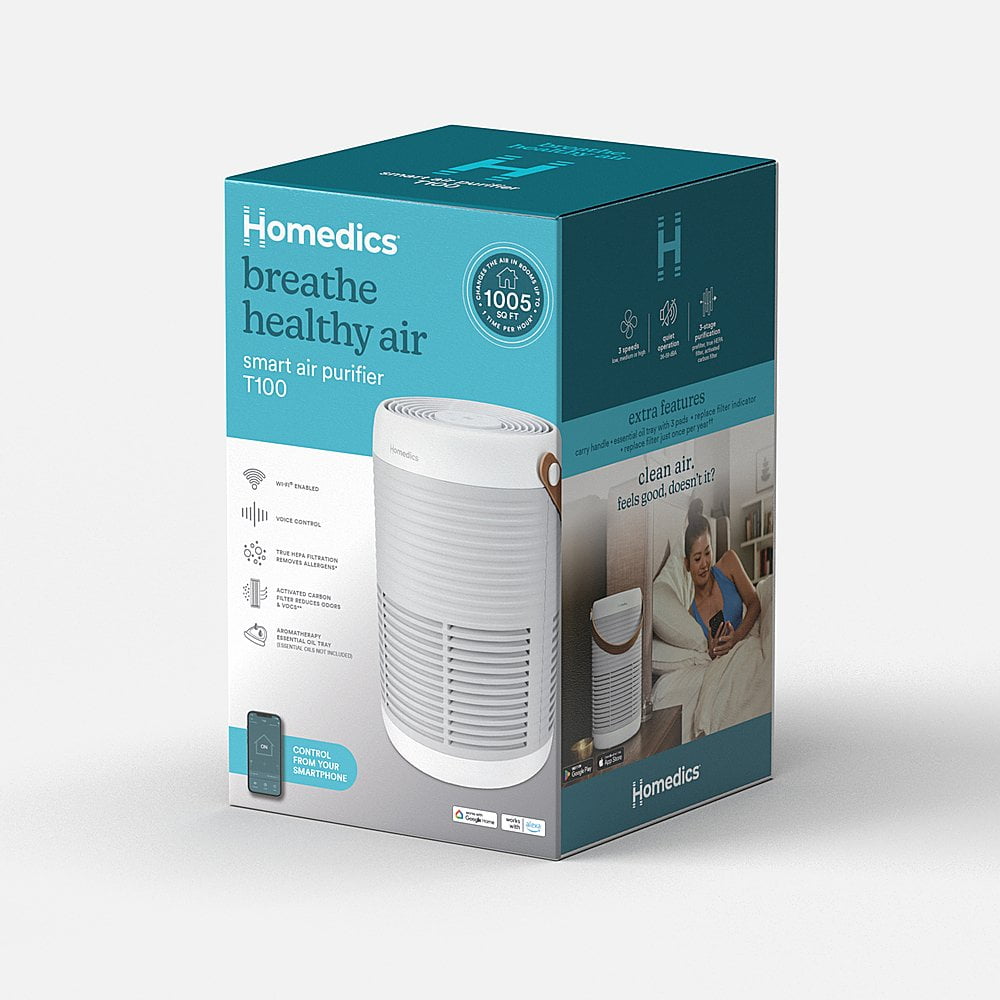 Homedics Wi-Fi Enabled Smart Air Purifier, 1005 Sq. Ft of Coverage/Hour. True HEPA Filtration, Activated Carbon Filter, Pre-filter, Reduces Bacteria, Virus, Mold, Odors, Medium Rooms, AP-T100GY-WMT