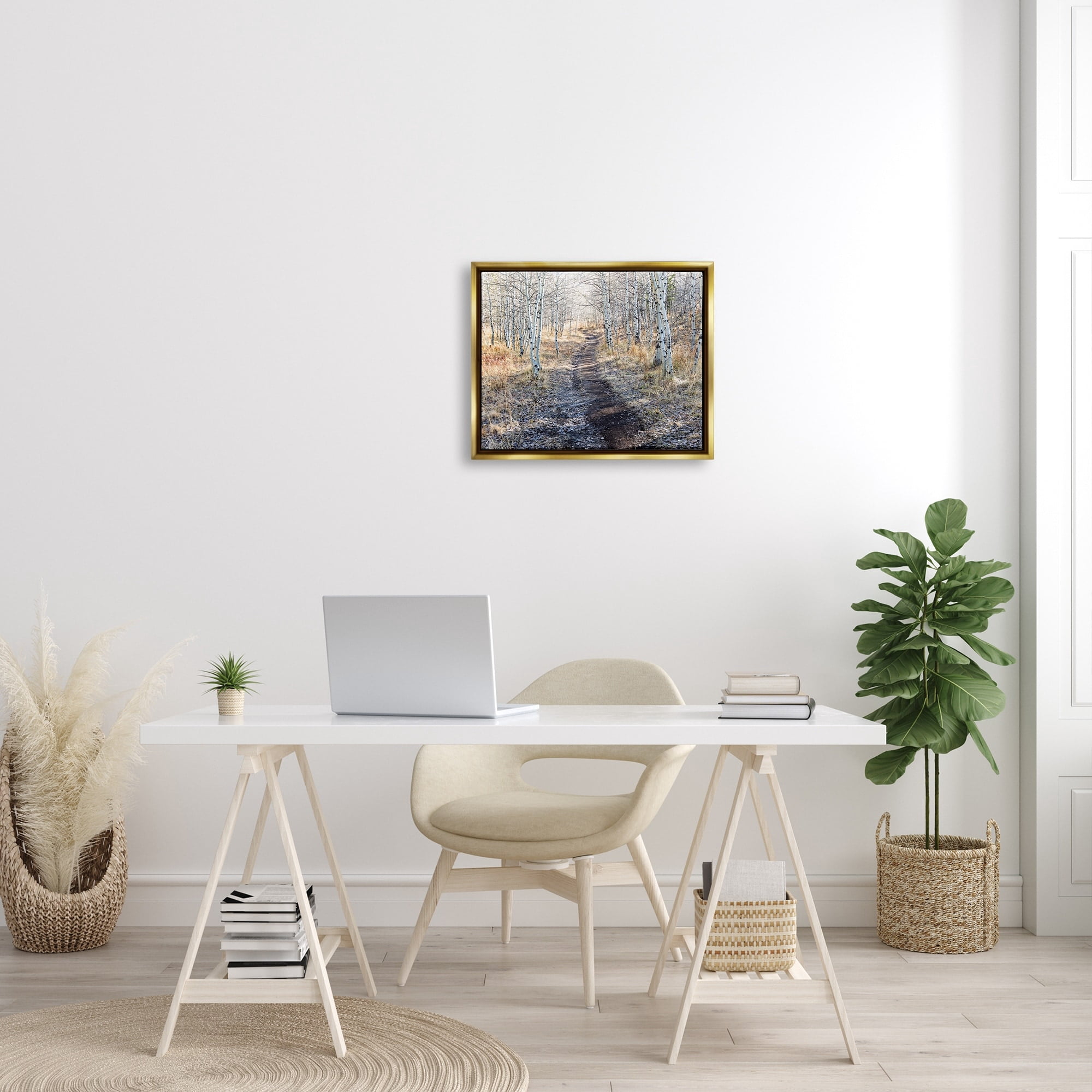 Stupell Industries Dirt Path Between Birch Tree Forest Woodland Scene Photograph Metallic Gold Floating Framed Canvas Print Wall Art, Design by Steve Smith