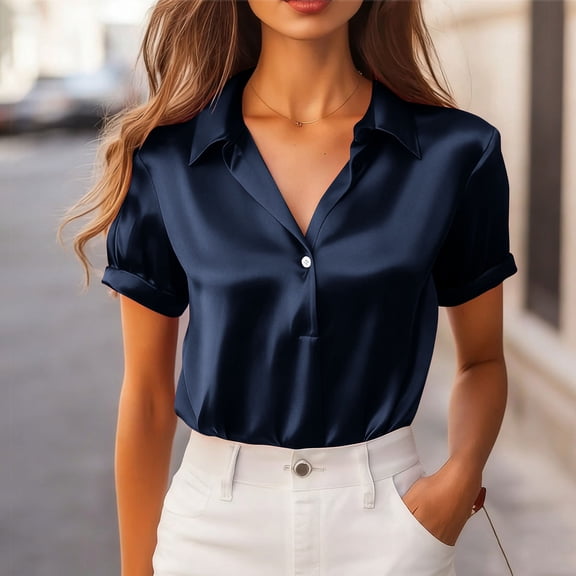 ClodeEU Women's Satin Half Button Notched Lapel Short Sleeve Shirts,Casual Office Blouse Navy,Womens Plus S