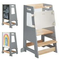 HARPPA Toddler Tower with Adjustable Height and Anti-Slip Protection, Kids Standing Tower with Safety Rail, Nordi Kids Kitchen Tower with Chalkboard, Gray