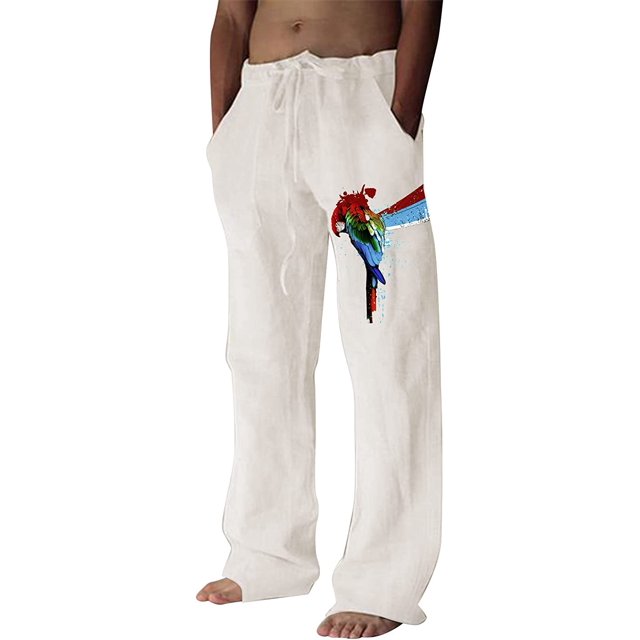 Pantalones casuales de lino para hombre, estampado de árboles y pájaros, sueltos, ligeros, elásticos, con cordón elástico, banda elástica, pantalones de yoga para la playa 012-azul cielo 3XL 012-azul Xishao ropa