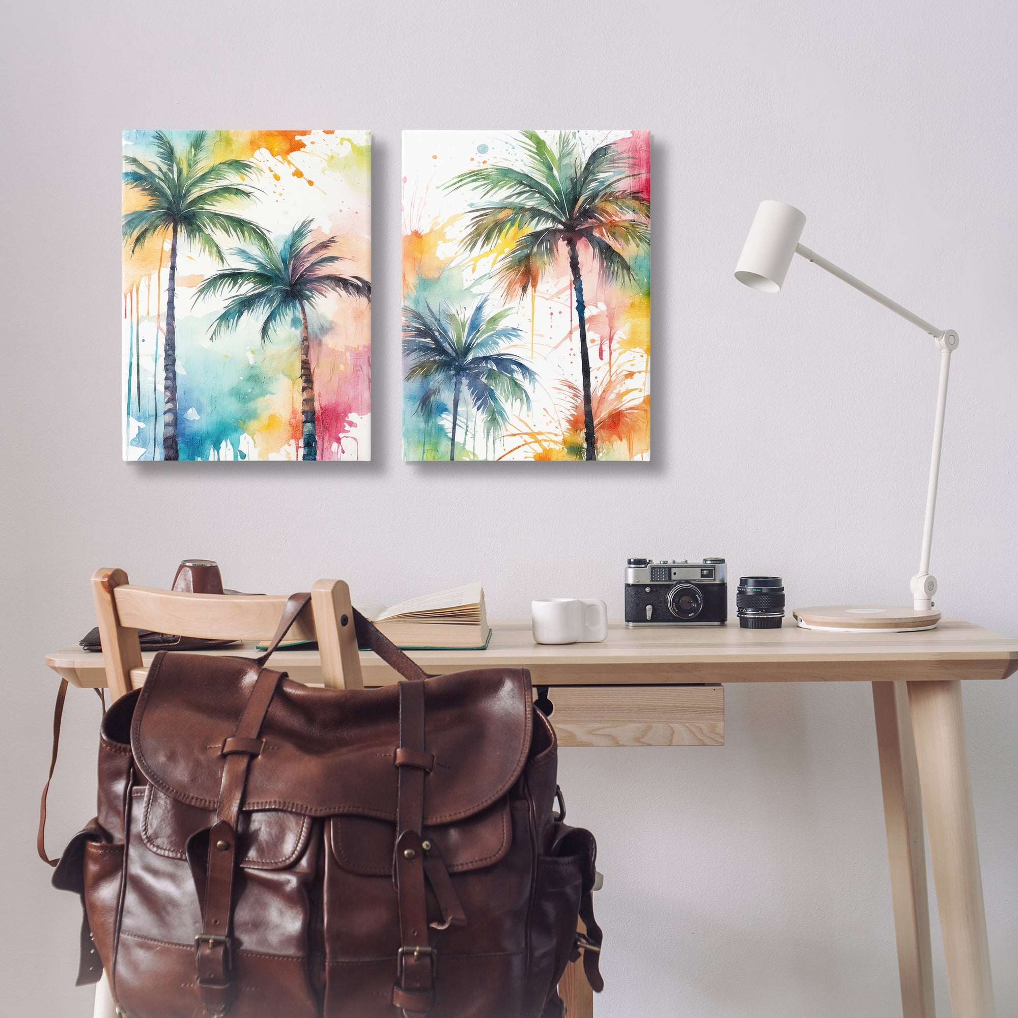 Stupell Industries Watercolor Splash Towering Palms Plants & Flowers Painting Wrapped Canvas Art Print Wall Art, 20 x 30, Set of 2