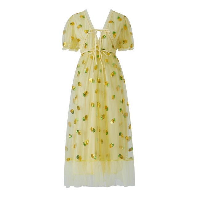 Opperiaya Robe de Soirée pour Femmes Manches Courtes Col en V Nouée devant Taille Haute Sequins de Fruits Ourlet en Tulle Robe de Princesse pour Bal Cocktail