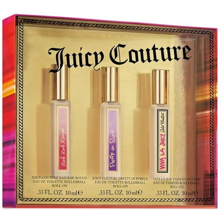 Couture Gold Crystal Juicy Couture Rock the Rainbow Women's Perfume Gift Set with Rah Rah Rouge EDT Rollerball .33oz, Pretty in Purple EDT Rollerball .33oz and Viva la Juicy Gold Couture EDP Rollerball .33oz ()