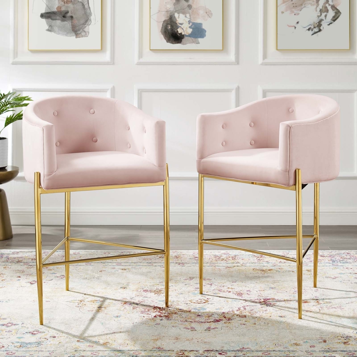 Savour Tufted Performance Velvet Bar Stool Set of 2 Pink