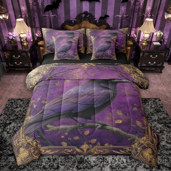 Castle Fairy Gothic Crow Twin Bedding Sets,Luxury Purple Gold Bedding Comforter Set