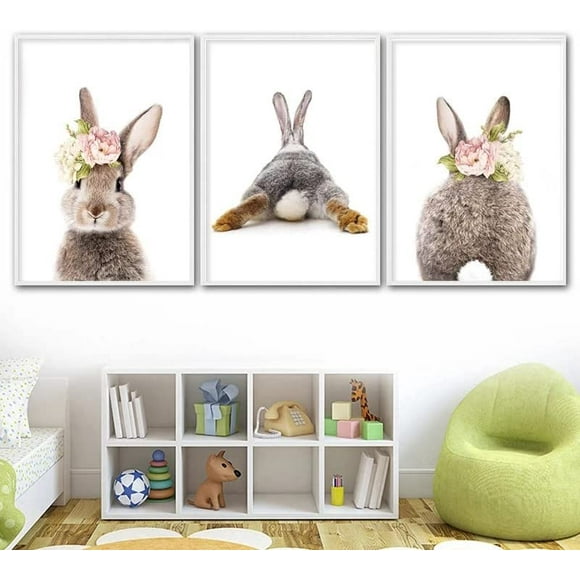 3 Pieces Kawaii Rabbit Canvas Painting Print Brown Bunny Wall Art Pictures Nordic Woodland Animal Poster for Kid Bedroom Decor With Wooden Inner Frame
