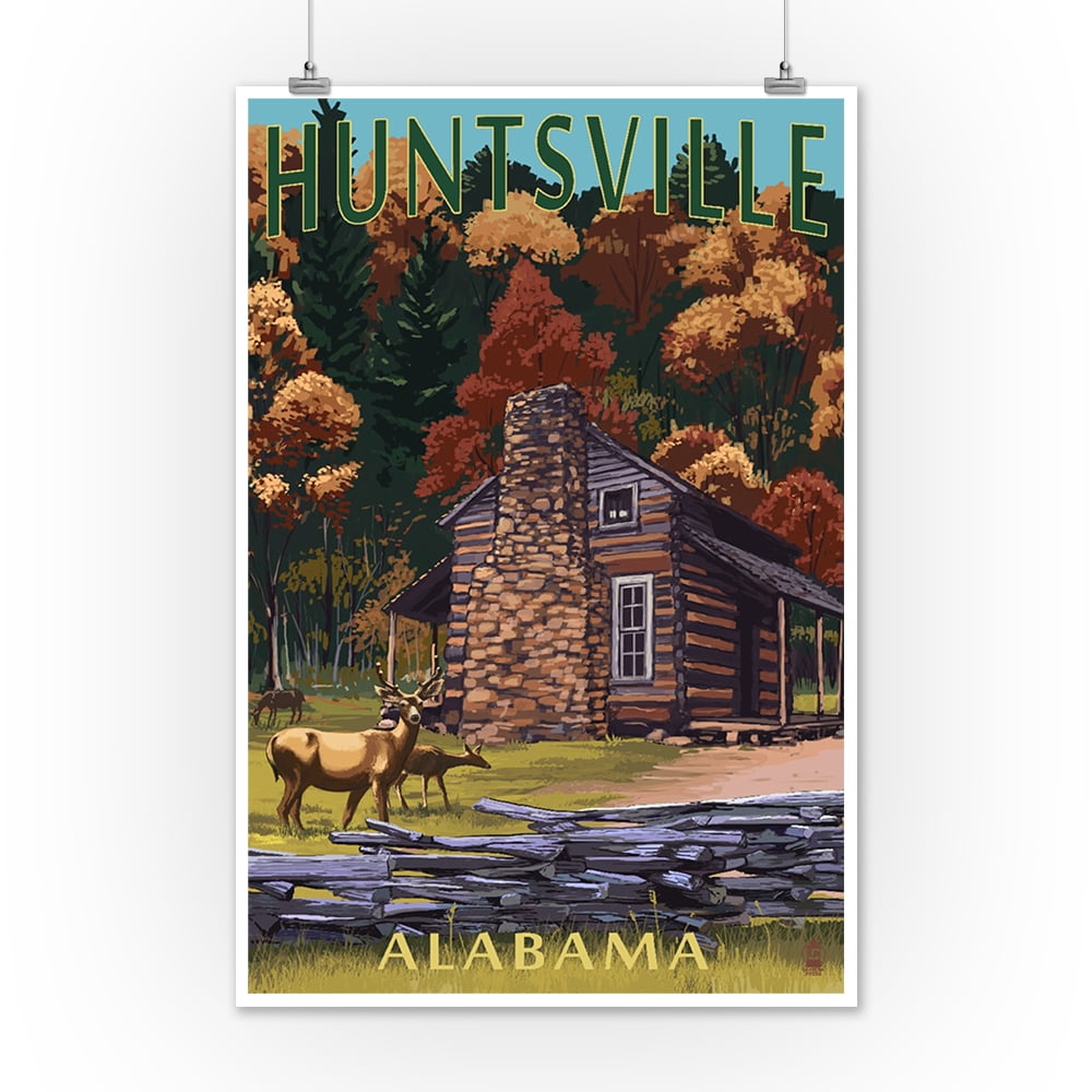 Huntsville Alabama Deer Family Cabin Scene Lantern Press