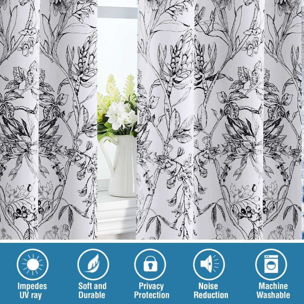 H.VERSAILTEX 100% Blackout Curtains Camellia Floral Printed Drapes Leah Floral Thermal Bedroom Curtains for Living room with Black Liner 2 Panels,52" x 84",Black