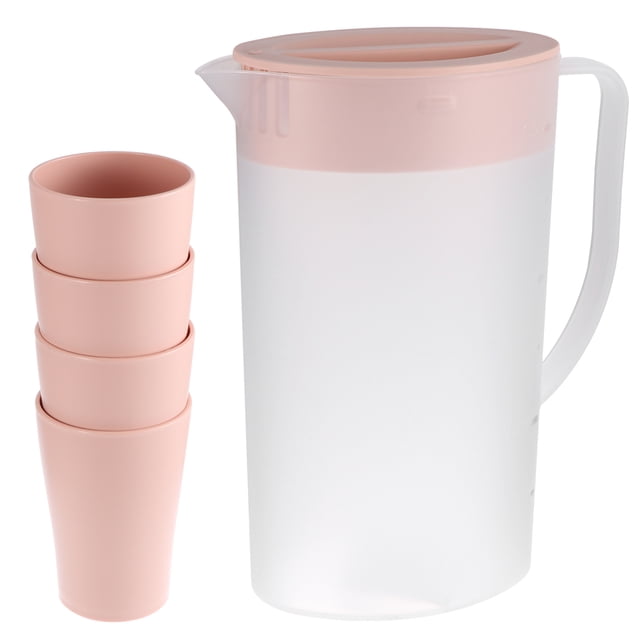 GOOHOCHY Hervidor de agua de plástico de 1,6 l, resistente al calor, para agua fría, zumo, con tapa y 4 vasos (rosa)