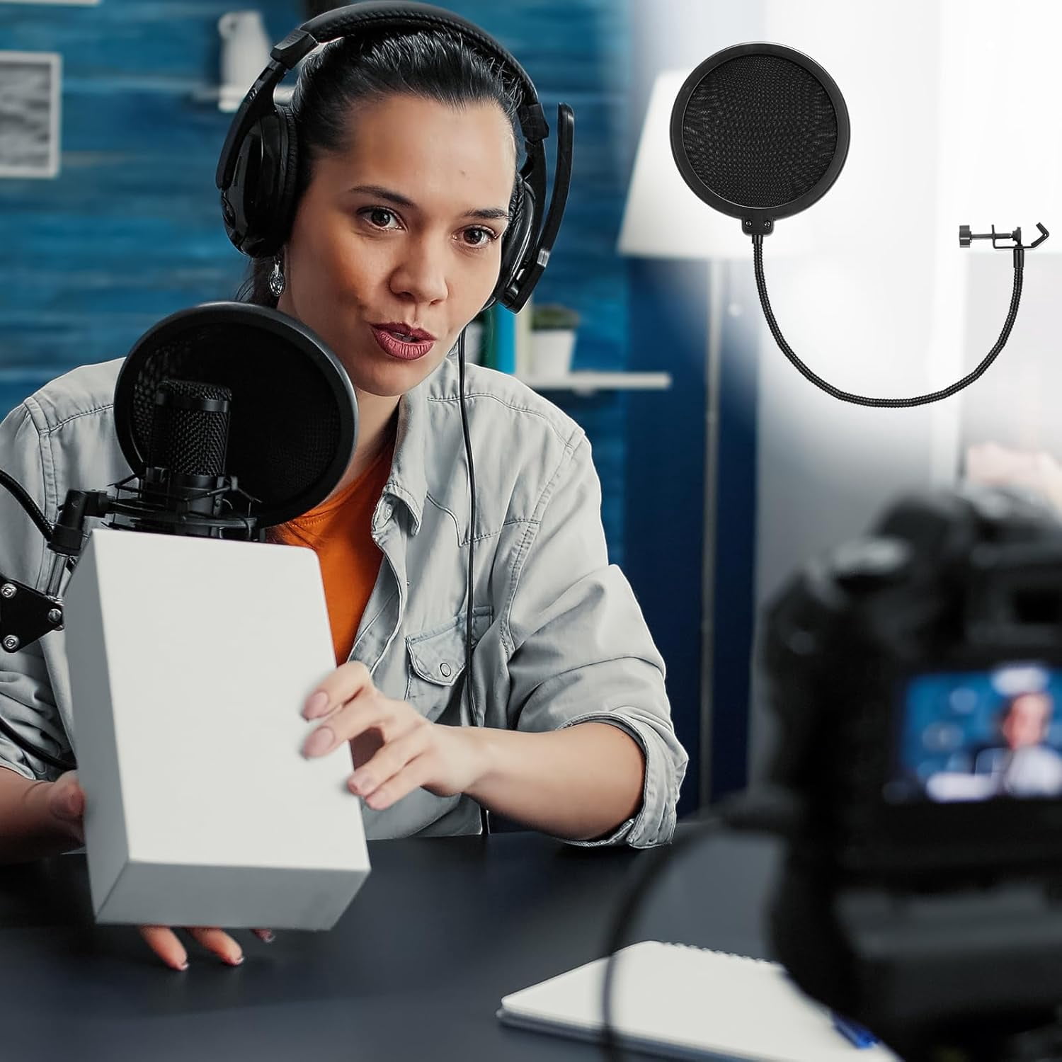 2 Pcs Adjustable Tripod Microphone Stand with  Arm, Windscreen & Clips for Live Stream Singing Stage Studio  Height 60 Inch