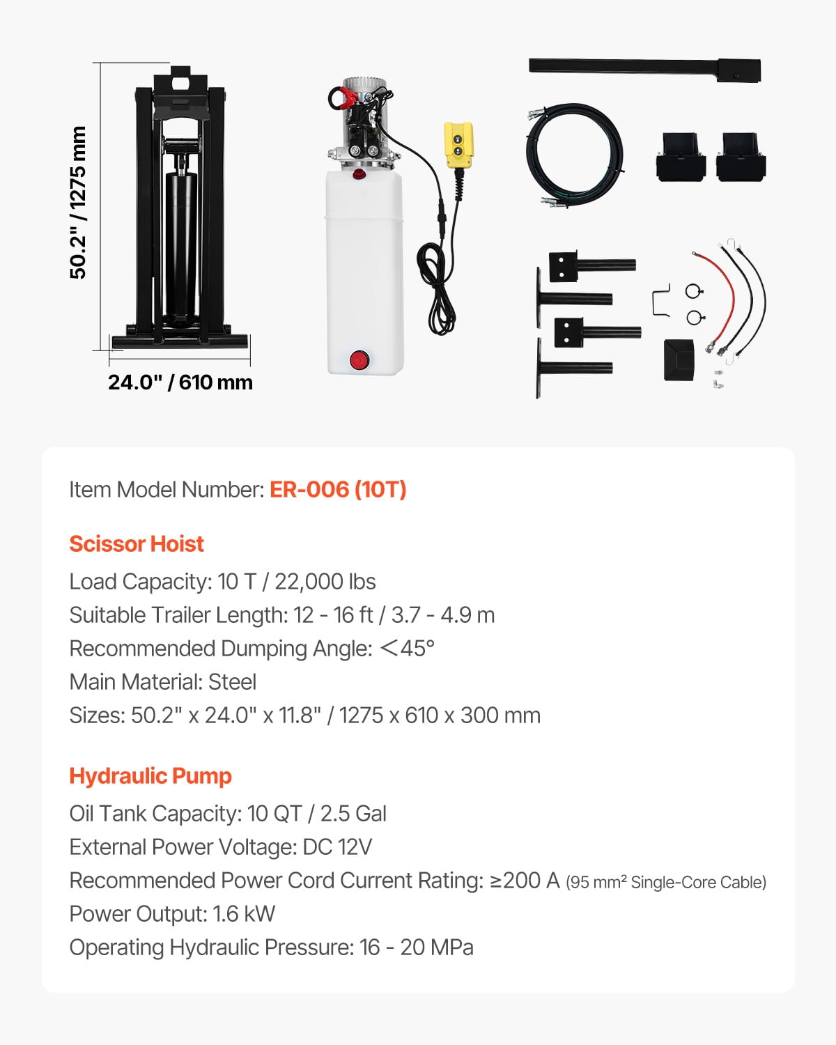 VEVOR Hydraulic Dump Lift Kit, 22,000 lb/10 T Dump Trailer Hydraulic Scissor Hoist Kit Standard Kit, Hydraulic Dump Bed Kit with 12V Hydraulic Pump Unit Suitable for Scissor Lift Dump Trailers Trucks