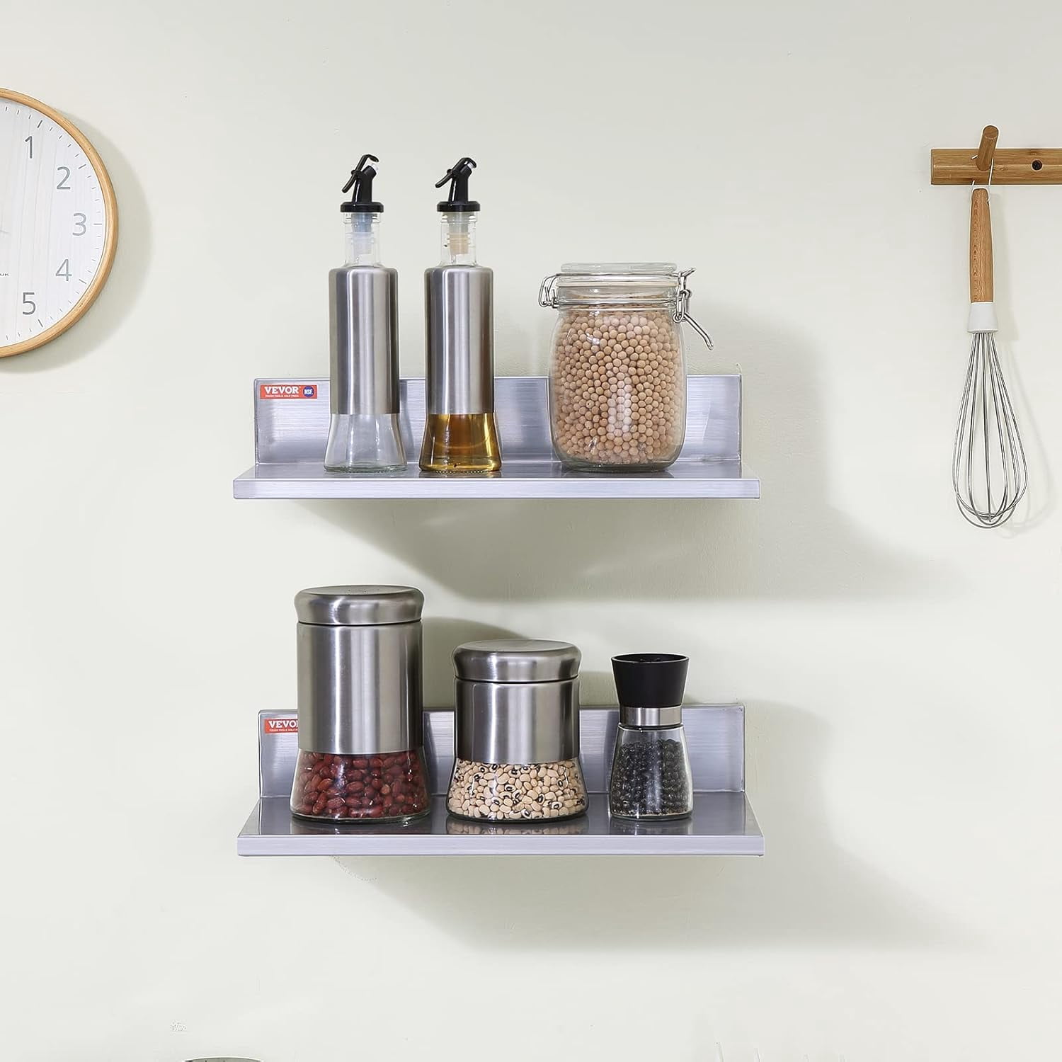 Stainless Steel Wall Shelf with Backsplash, 8.6" x 16", 2-Pack, 44 lbs Capacity for Kitchen, Bar, and Home