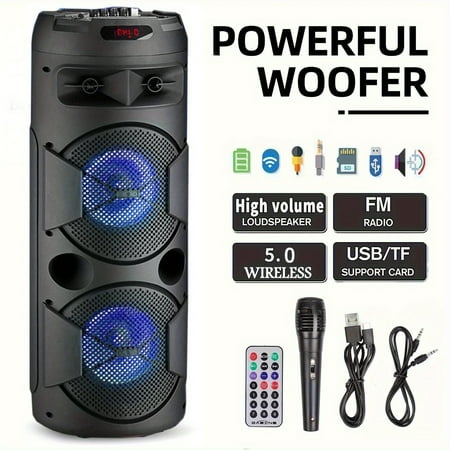 Portable Wireless PA Speaker System - Built In Rechargeable 1800mAh Battery Outdoor Wireless Party Speaker Portable PA System W/ Subwoofer, Wired Micphone, Party Lights, USB/AUX/FM Radio DJ