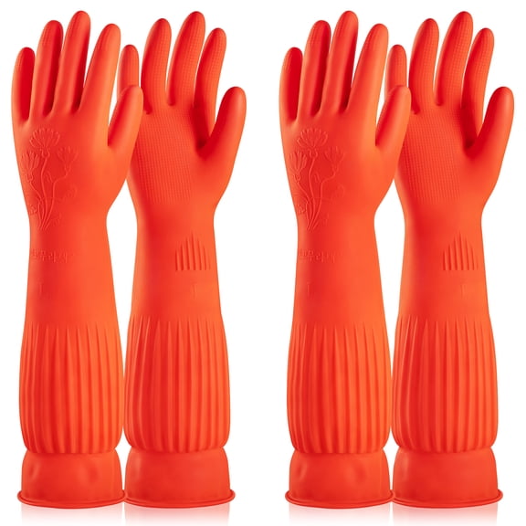 ThxToms 2 Pairs Fleece Lined Rubber Dishwashing Gloves, Waterproof Reusable Extra Long Cuffs (Large)