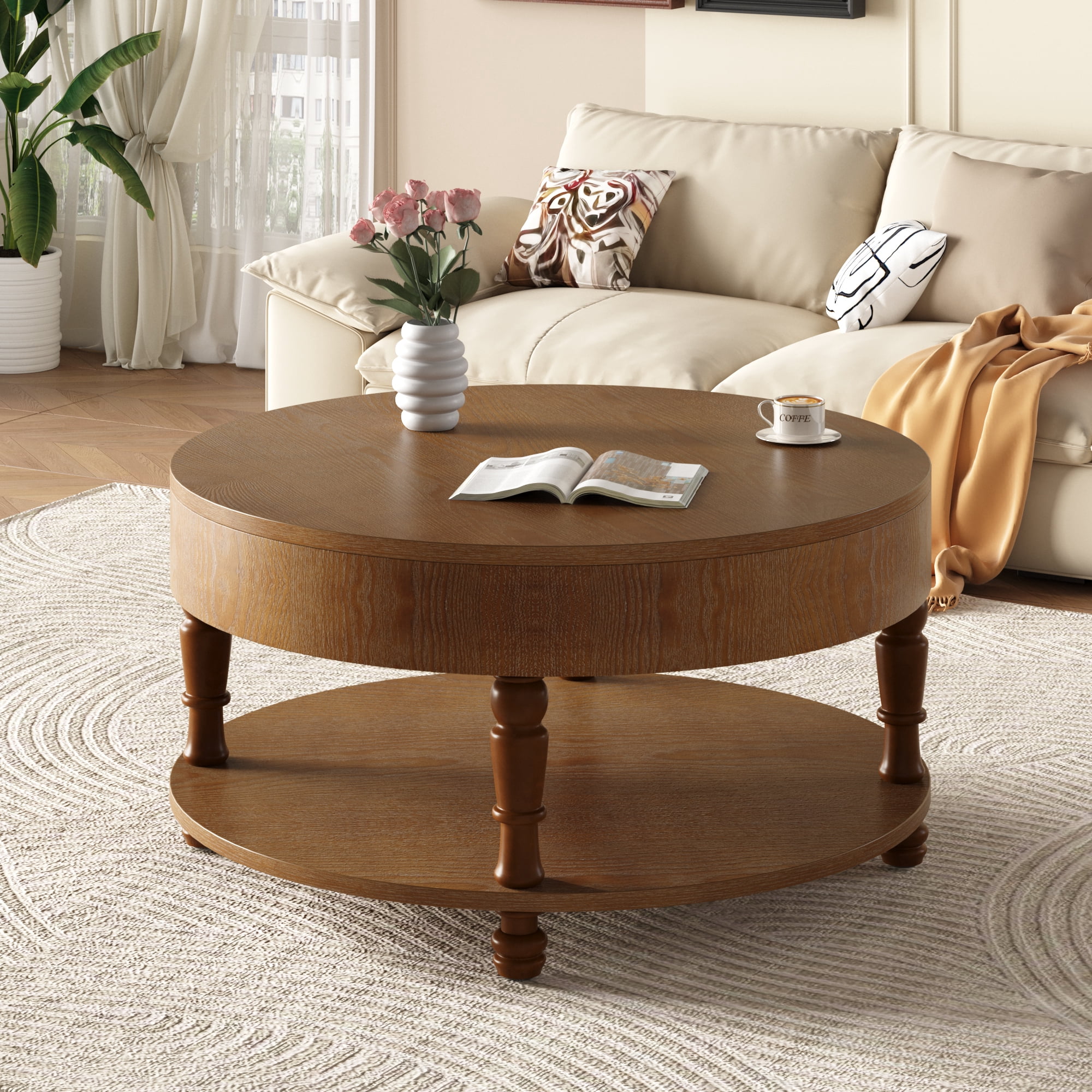 31.5" Round Coffee Table with Hidden Storage, Modern Wood Coffee Table with Flip-Top Compartment & Open Shelf, Dual-Tier Center Table for Living Room,Walnut