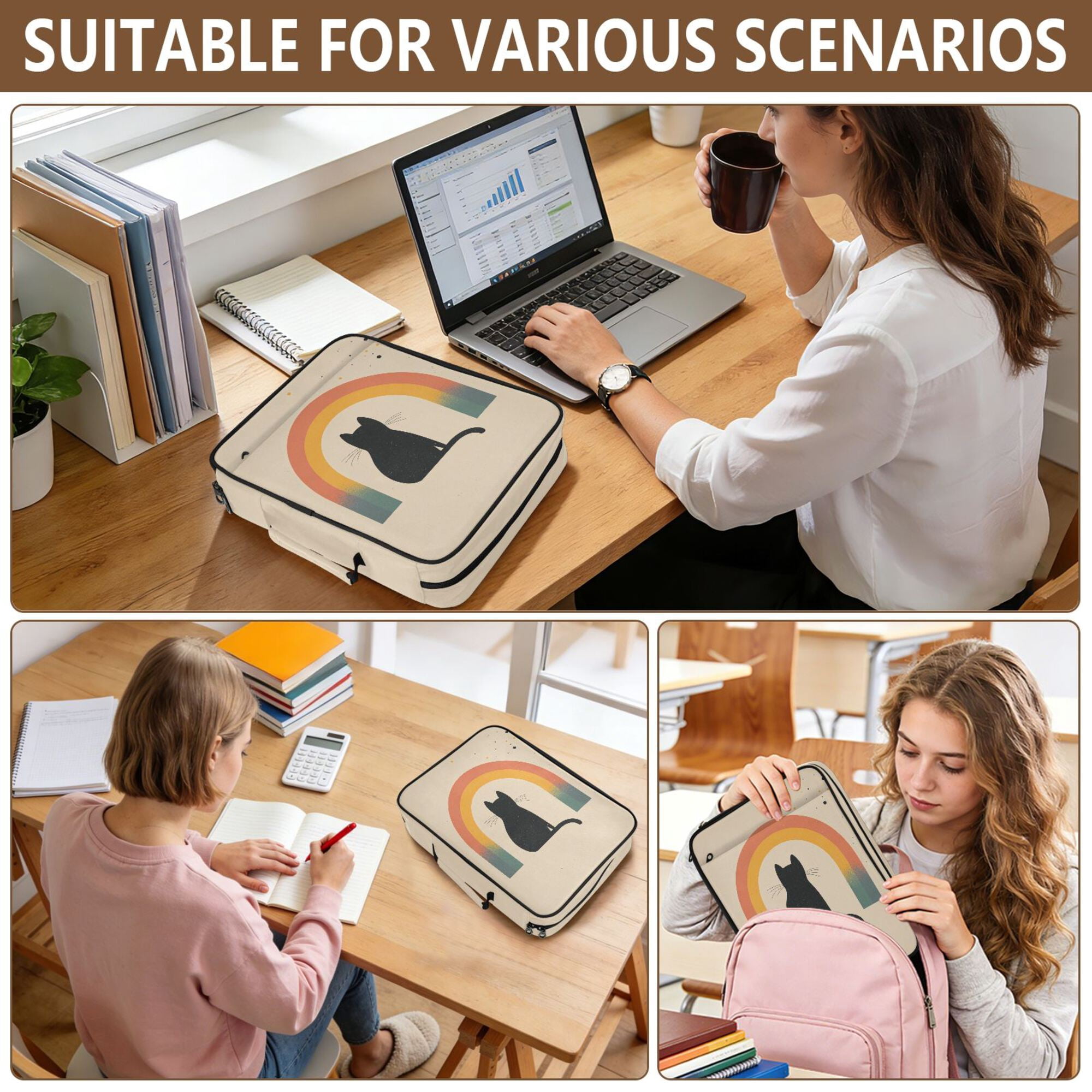 FORMRS Accordion File Folder A4 Size 7-Pocket Expanding Document Organizer Bag with 3 Ring Binder, Beige Cat Rainbow