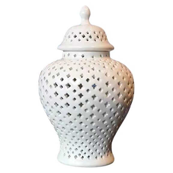 White Ceramics Gingers Jar with Lid for Displaying Flowers Hollowed Out Lattice Vases for Floral Arrangements Container