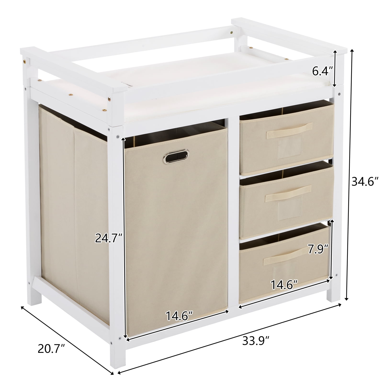 Zimtown Baby Changing Table,Dresser Baby Diaper Changing Station with Laundry Hamper,Infant Nursing Table with 3 Storage Drawers,Removable Safety Rail & Strap for Bedroom,White