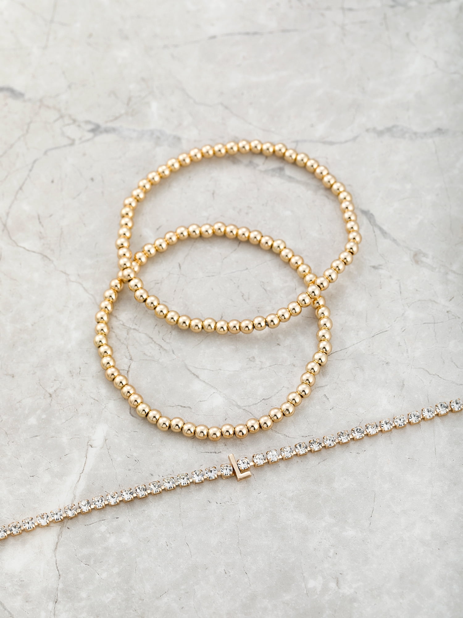 Time and Tru Goldtone and Crystal Beaded Stretch Bracelets, 3 Pieces, Initial Letter L
